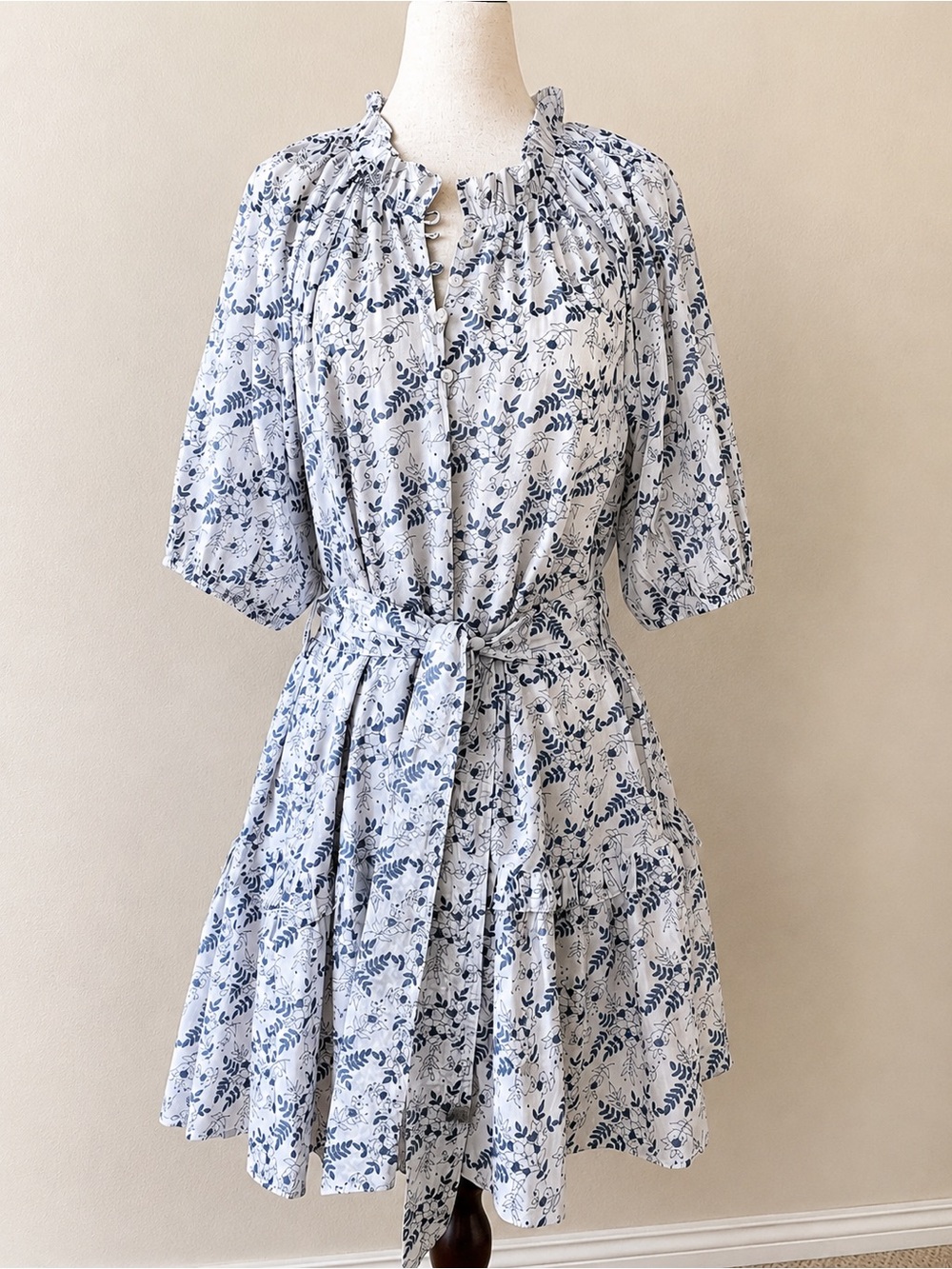 Cleobella Blue & White Floral Cotton Mini Dress SZ M Cottagecore Tiered
